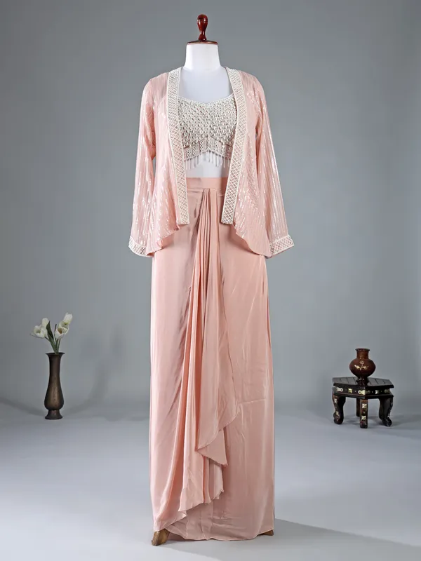 Peach satin silk jacket style indowestern suit