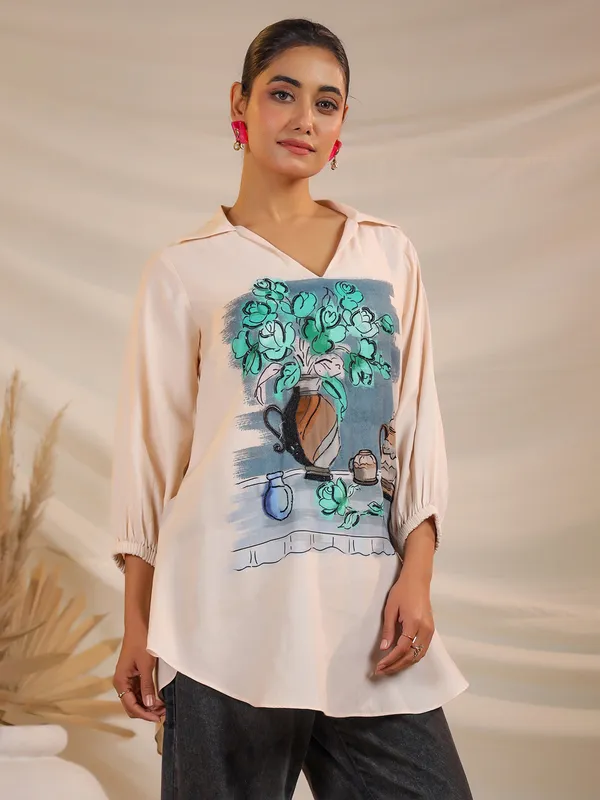 Peach satin silk printed top for women