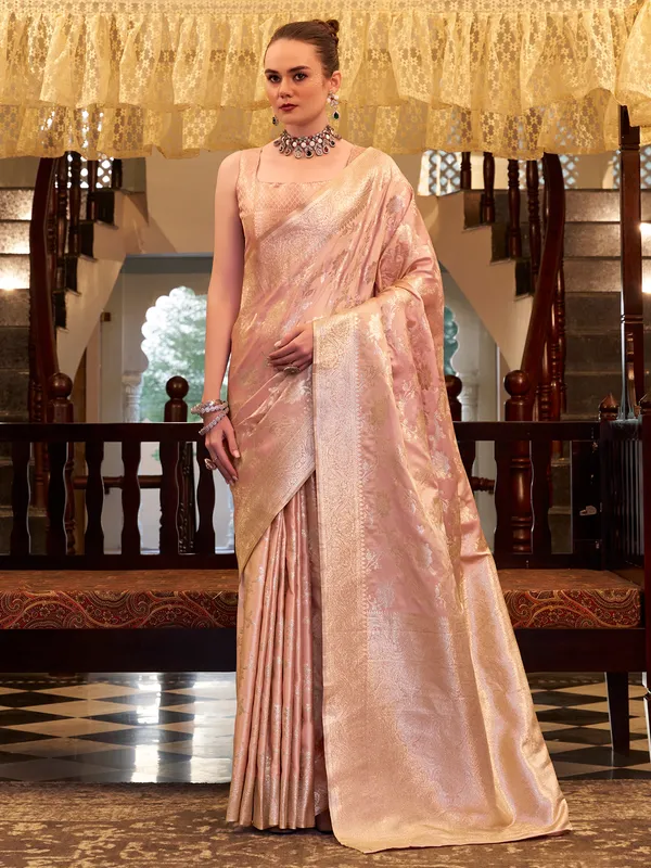 Peach satin silk saree with zari work