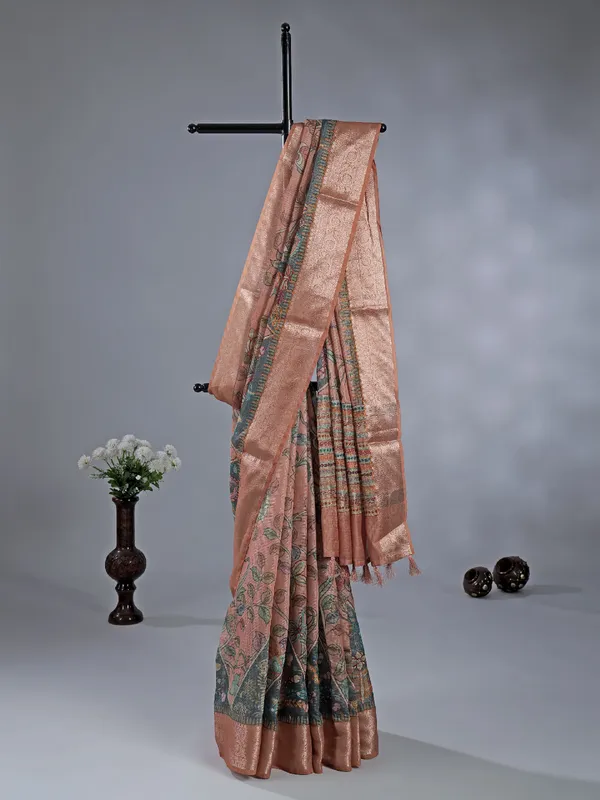 Peach semi cotton saree with zari weaving