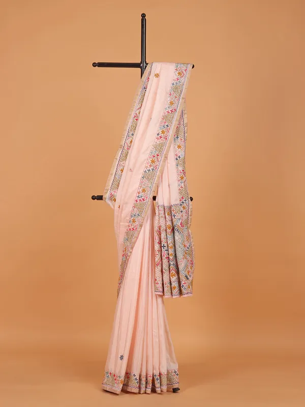 Peach semi silk thread weaving saree