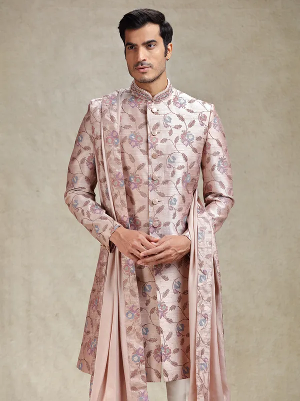 Peach sherwani in flower embroidery pattern