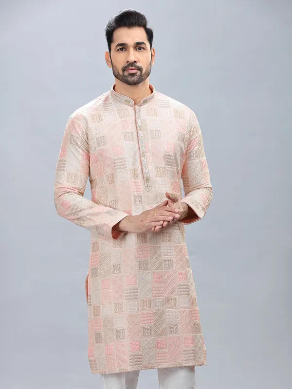 Peach silk festive style kurta set for men
