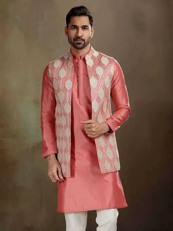 Peach silk gota work waistcoat set