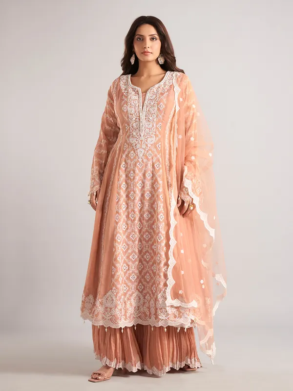 Peach silk pakistani style sharara suit with dupatta