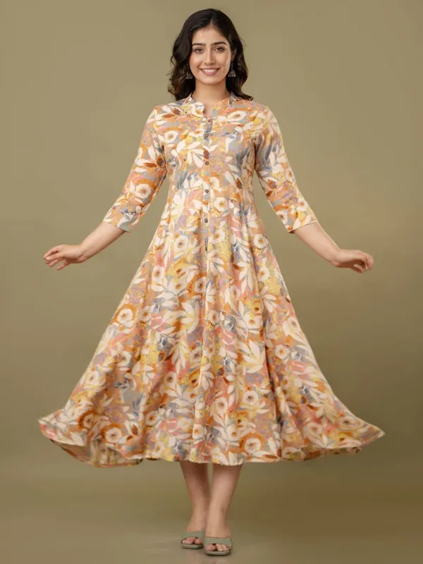 Peach silk printed casusal kurti