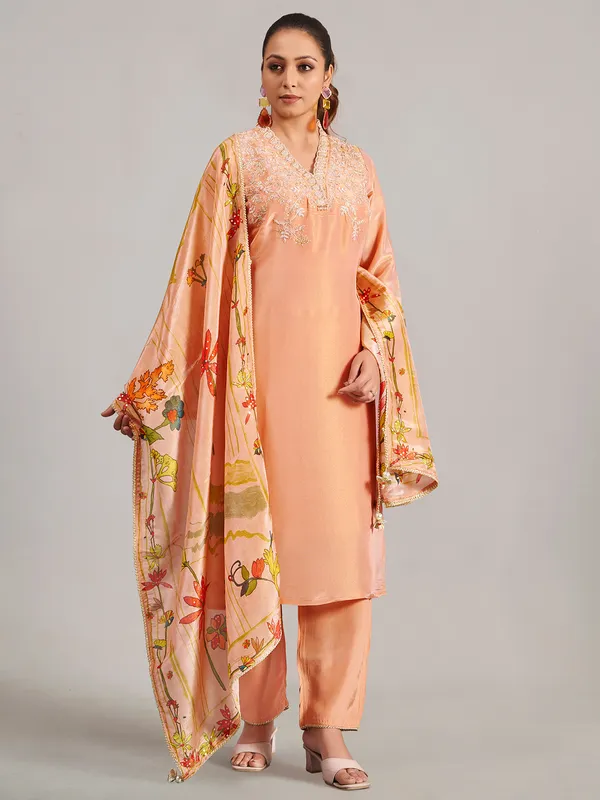 Peach silk salwar suit with printed dupatta
