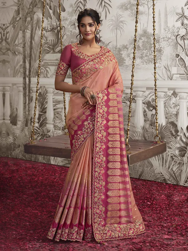 Peach silk saree for wedding for women