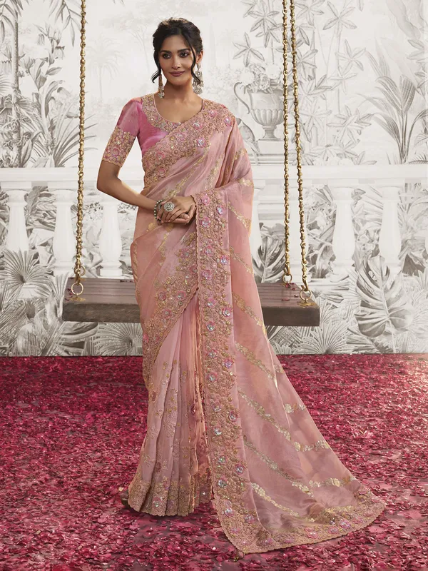 Peach silk saree with zari embellishment