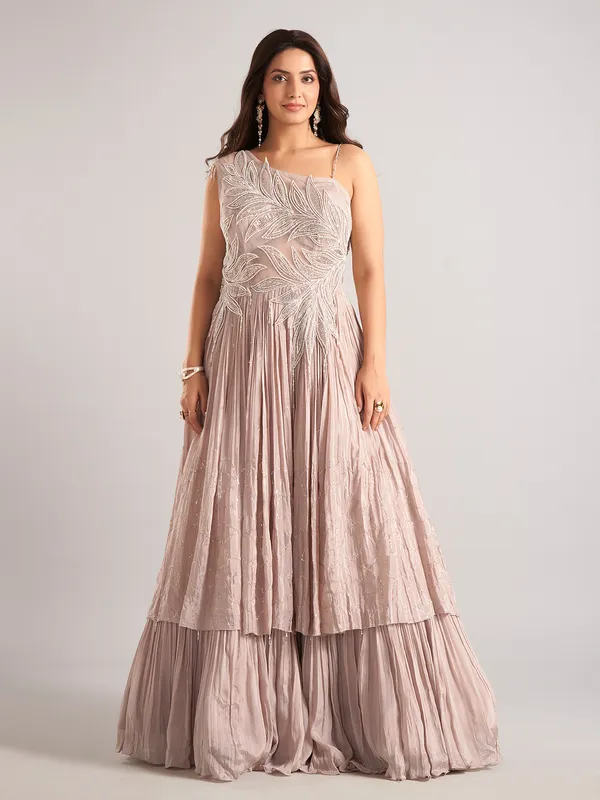 Peach silk sleeveless designer suit for women