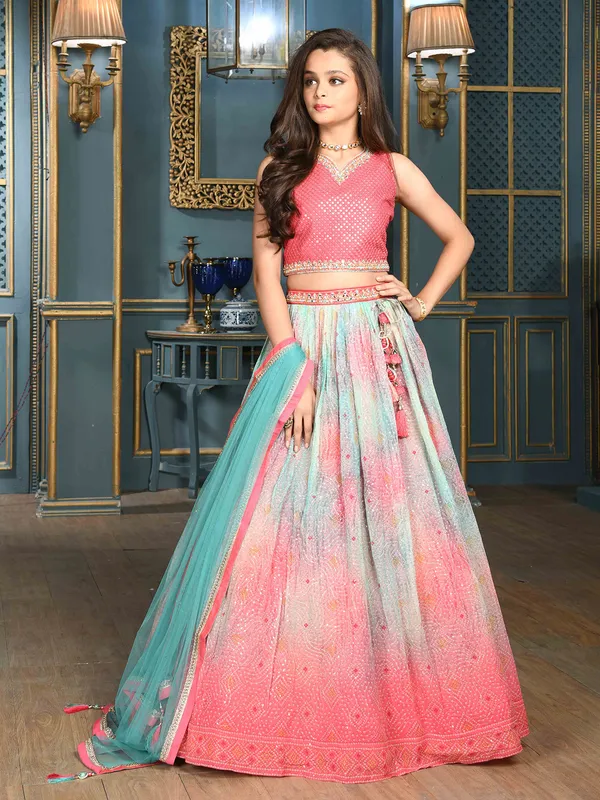 Peach silk sleeveless lehenga choli with dupatta