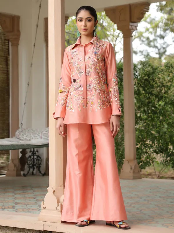 Peach silk tencel embroidery co-ord set