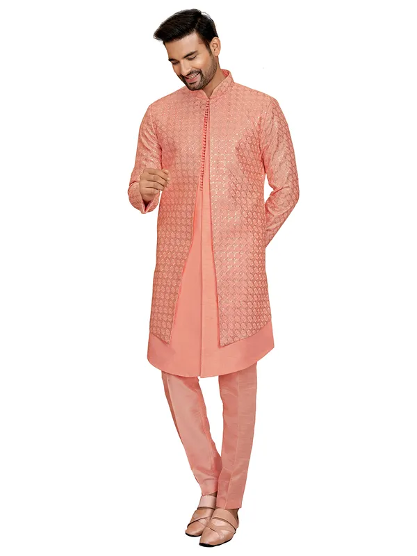 Peach silk wedding look indowestern