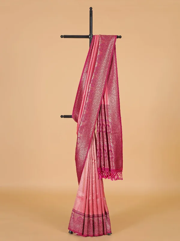 Peach silk wedding saree with zari work