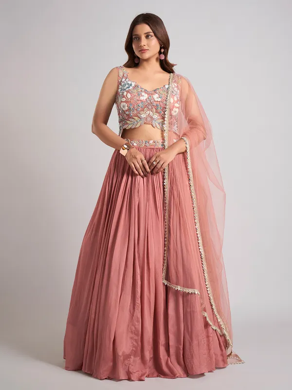 Peach silk wedding wear lehenga choli for women