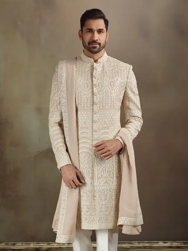 Peach silk wedding wear sherwani with dupatta for mens