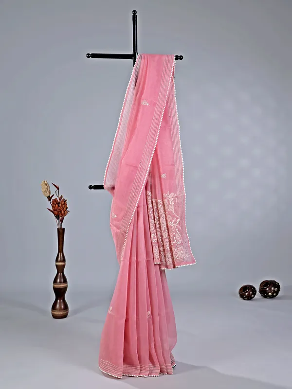 Peach thread worked cotton silk saree