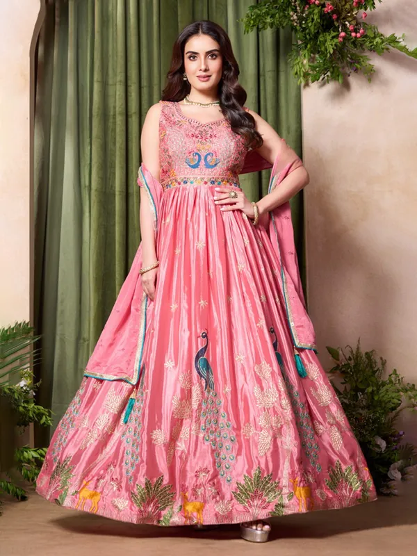 Peach wedding wear silk anarkali suit