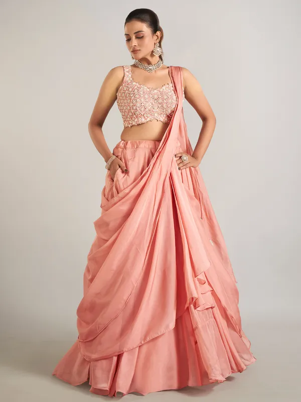 Peach wedding wear silk lehenga choli for women