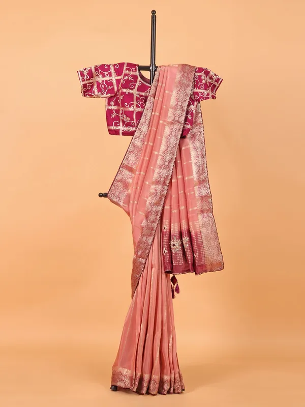Peach zari weaving soft organza saree