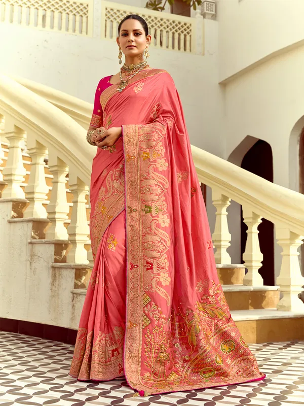 Peach zari work silk saree