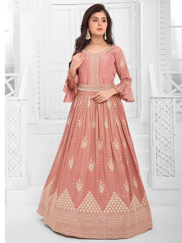 Peach zari worked gown in rich silk
