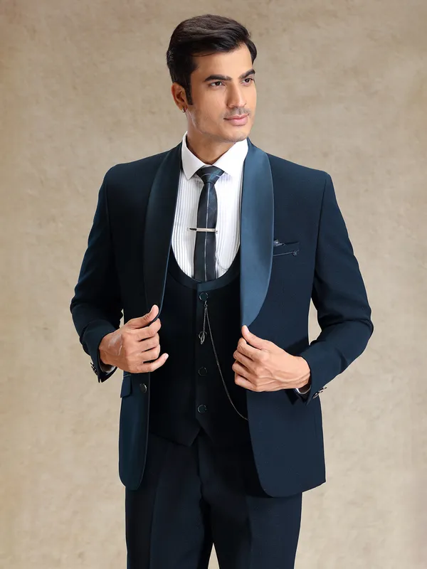 Peacock blue 5 pcs polyster coat suit