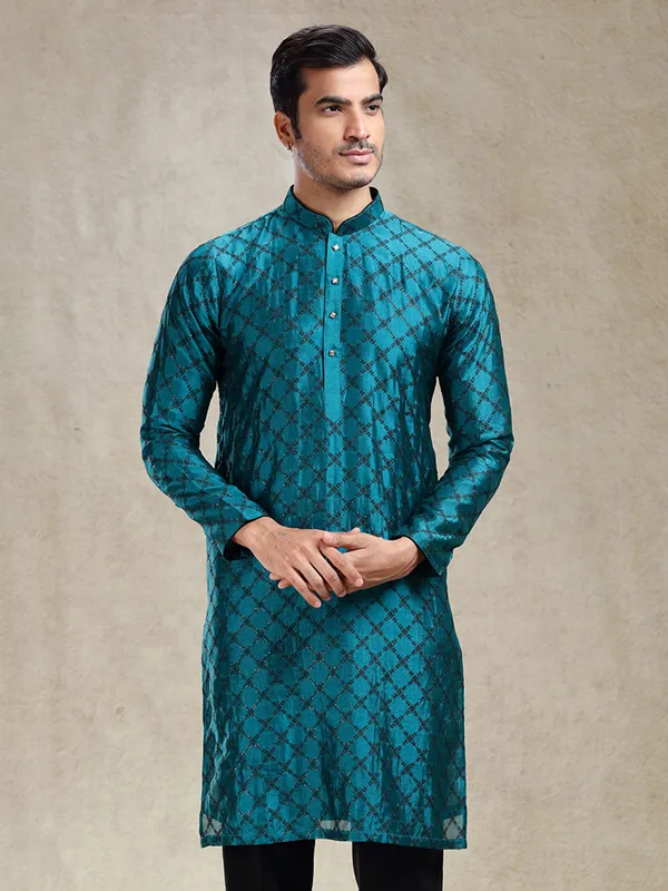 Peacock blue charming kurta ensemble in banarasi silk