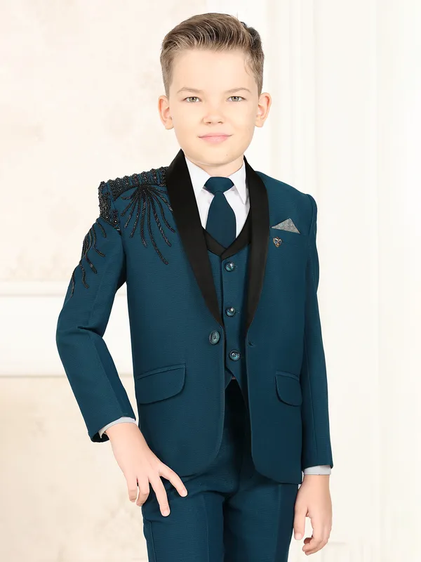 Peacock Blue reception wear terry rayon coat suit for little boys