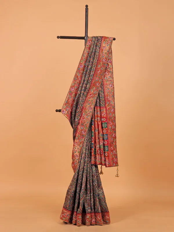 Peacock blue semi pashmina wedding wear saree
