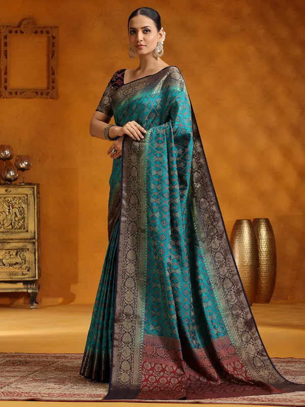 Peacock blue silk saree for wedding