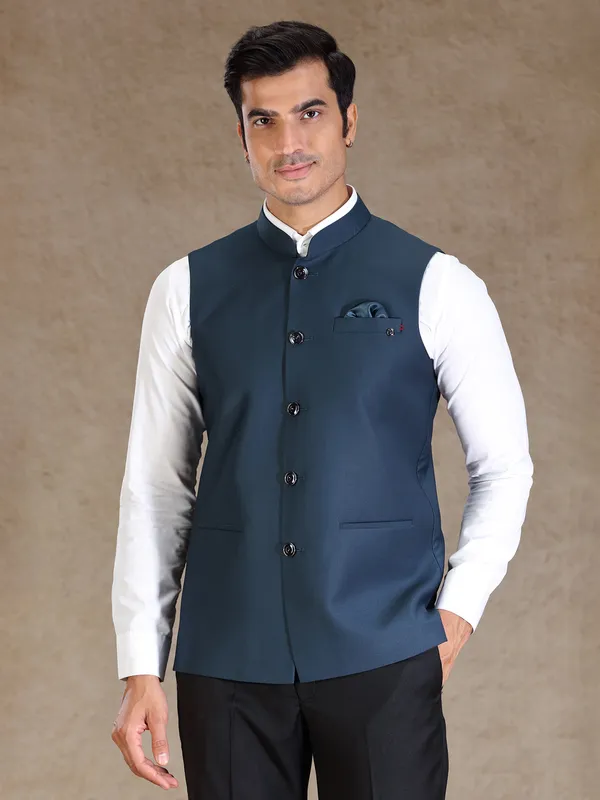 Peacock blue silk waistcoat only for men