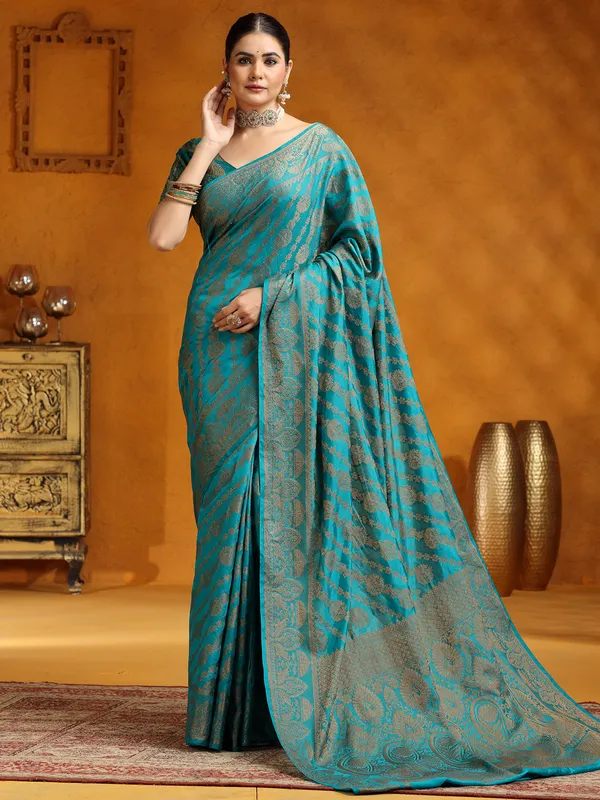 Peacock blue silk wedding wear saree