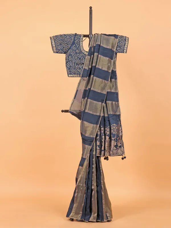 Peacock blue soft organza saree for women
