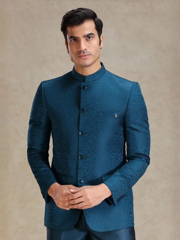 Peacock Blue textured jacquard net bandh gala suit