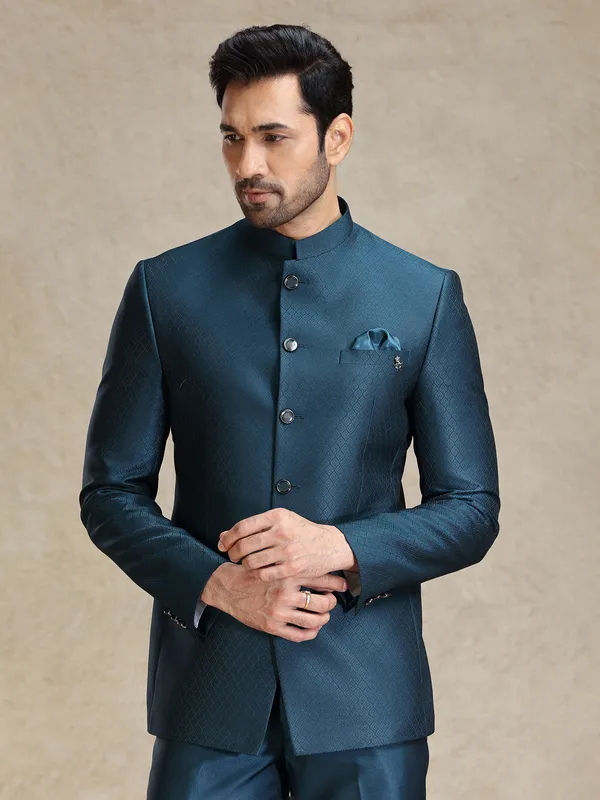 Peacock blue textured jodhpuri set