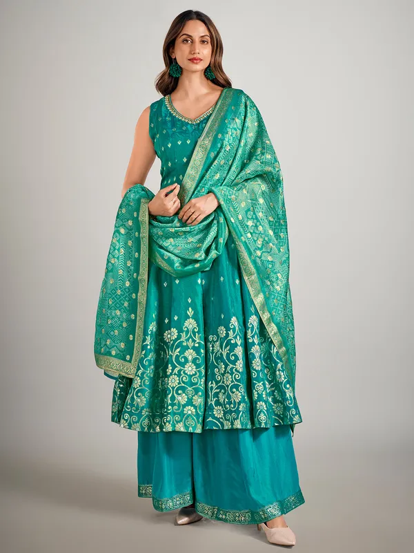 Peacock green silk palazzo suit