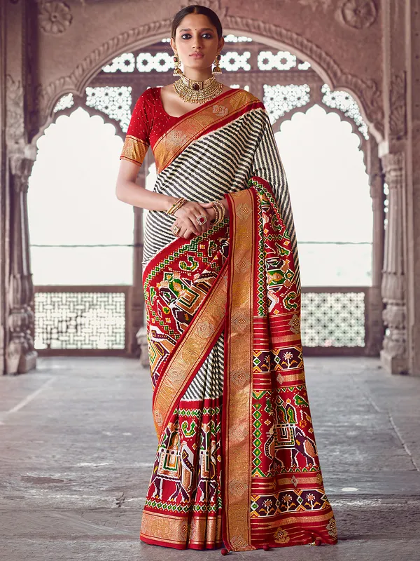 Pearl white patola silk wedding occasions saree