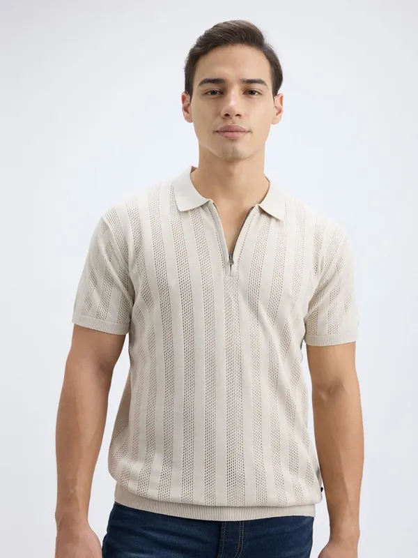 PEPE beige striped cotton slim fit zipper polo t-shirt