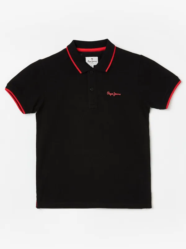 PEPE black plain cotoh t-shirt with polo neck