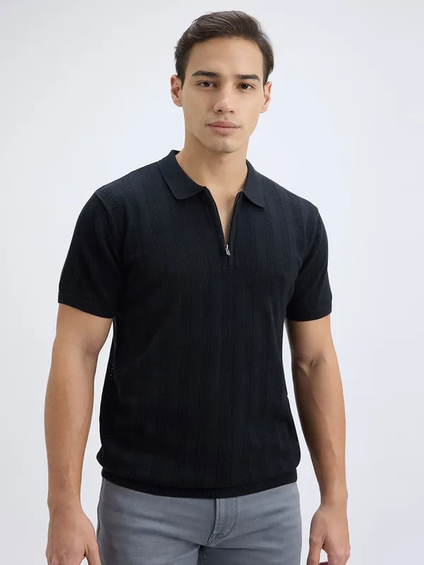 PEPE black striped cotton slim fit zipper polo t-shirt