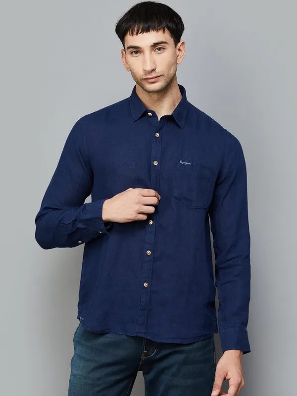 PEPE indigo blue plain cotton shirt