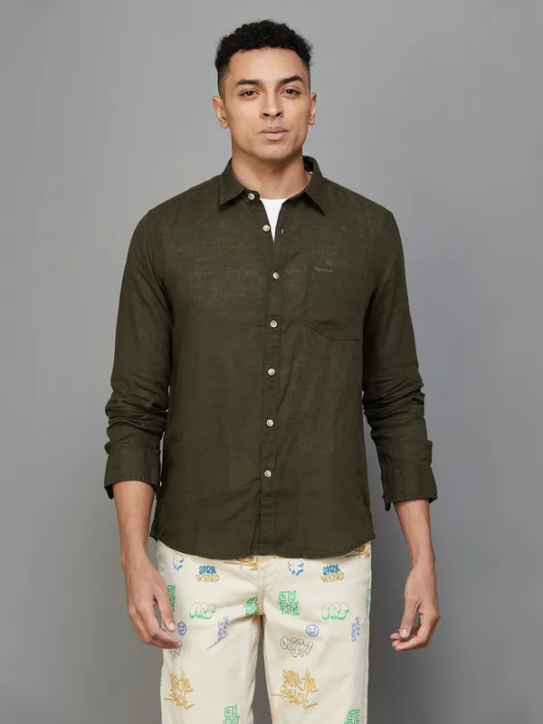 Pepe Jeans olive plain linen shirt