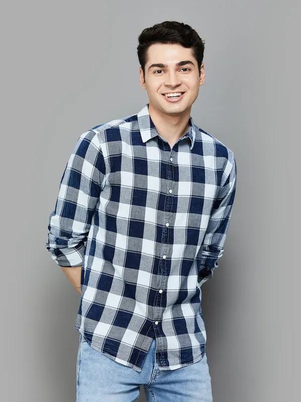 PEPE navy checks cotton shirt for men