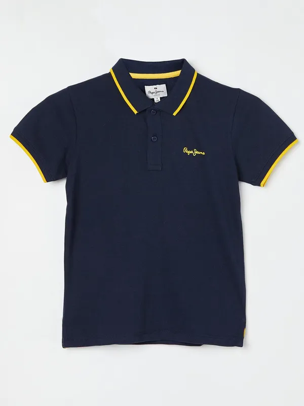 PEPE plain navy cotton t-shirt  with polo neck