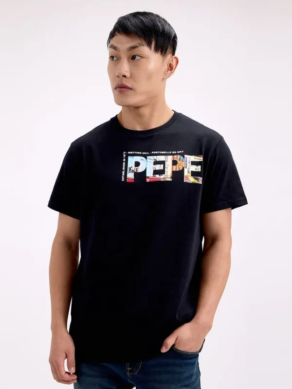 PEPE printed black slim fit cotton t-shirt for men