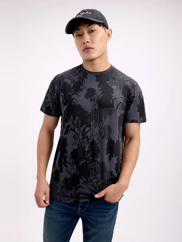 PEPE printed grey cotton slim fit tshirt for men