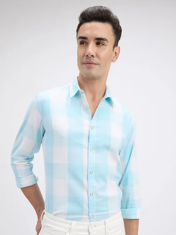 PEPE sky blue checks cotton shirt