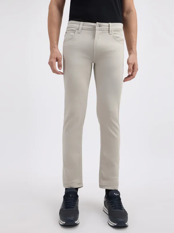 PEPE solid beige slim fit denim jeans for men