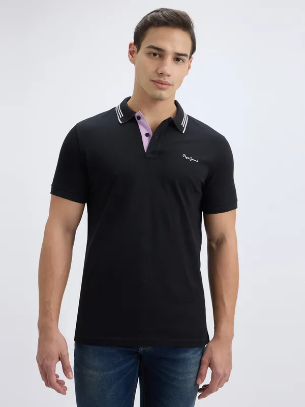 PEPE solid black slim fit polo neck t-shirt for men
